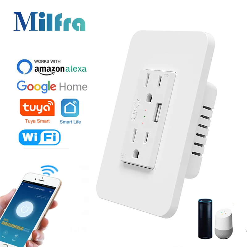 Smart Outdoor Plug - スマートwifiダブルウォールソケット,USB充電ポート,EUプラグ,US電源コンセント,オン/オフ,Tuyaスマートライフアプリ,音声リモコン