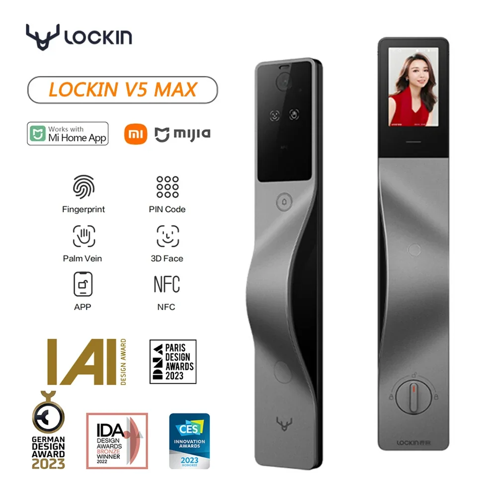 Smart Home Door Lock - Lockin V5 Max 3D顔認証スマートロック、掌静脈認証、キャットアイスクリーン、スマートパスワードロック、APPスマートリンク、左開きドア用